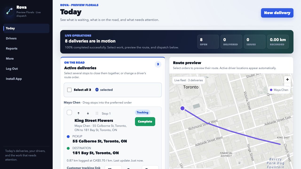 Rivo dispatcher showing eight open deliveries, an active multi-stop route, bulk controls, and a live Toronto map